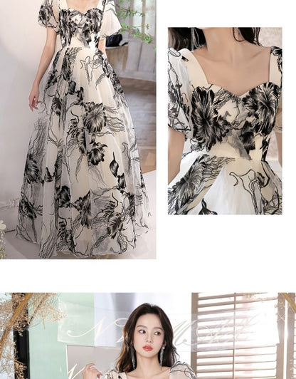 Short-Sleeve V-Neck Floral A-Line Evening Gown