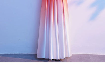 Short-Sleeve Star Embroidered Gradient Sheath Evening Gown