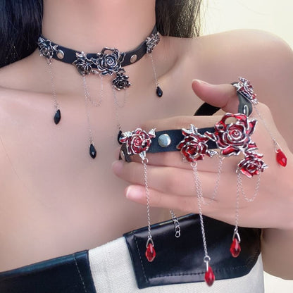 Leather Choker Rose Alloy Faux