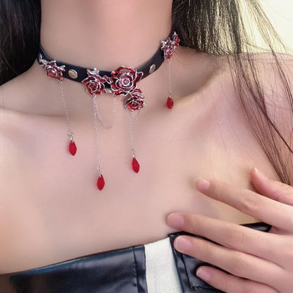 Leather Choker Rose Alloy Faux
