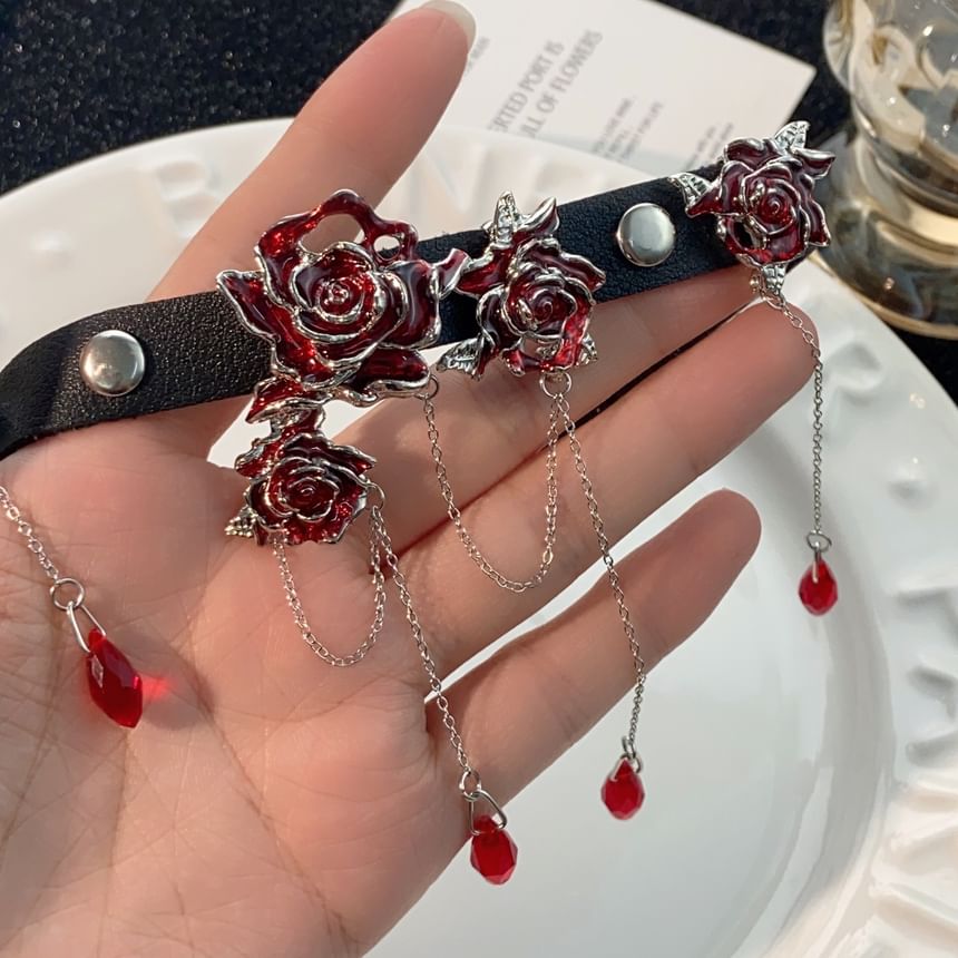 Leather Choker Rose Alloy Faux