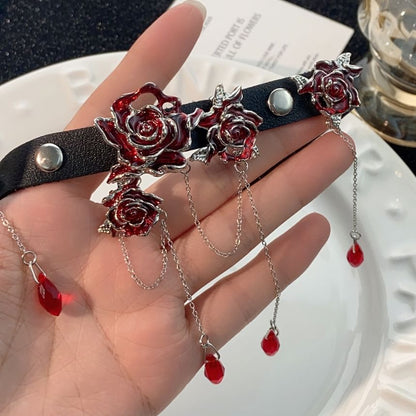 Leather Choker Rose Alloy Faux