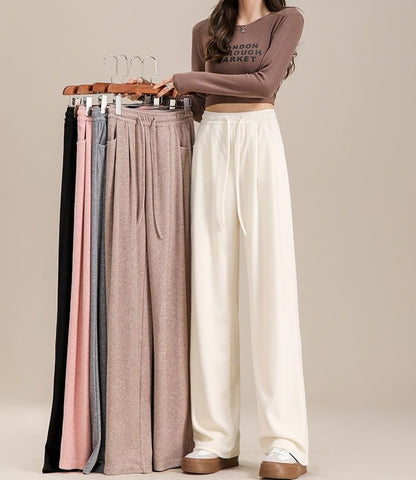 High Waist Plain Drawstring Drape Wide Leg Sweatpants