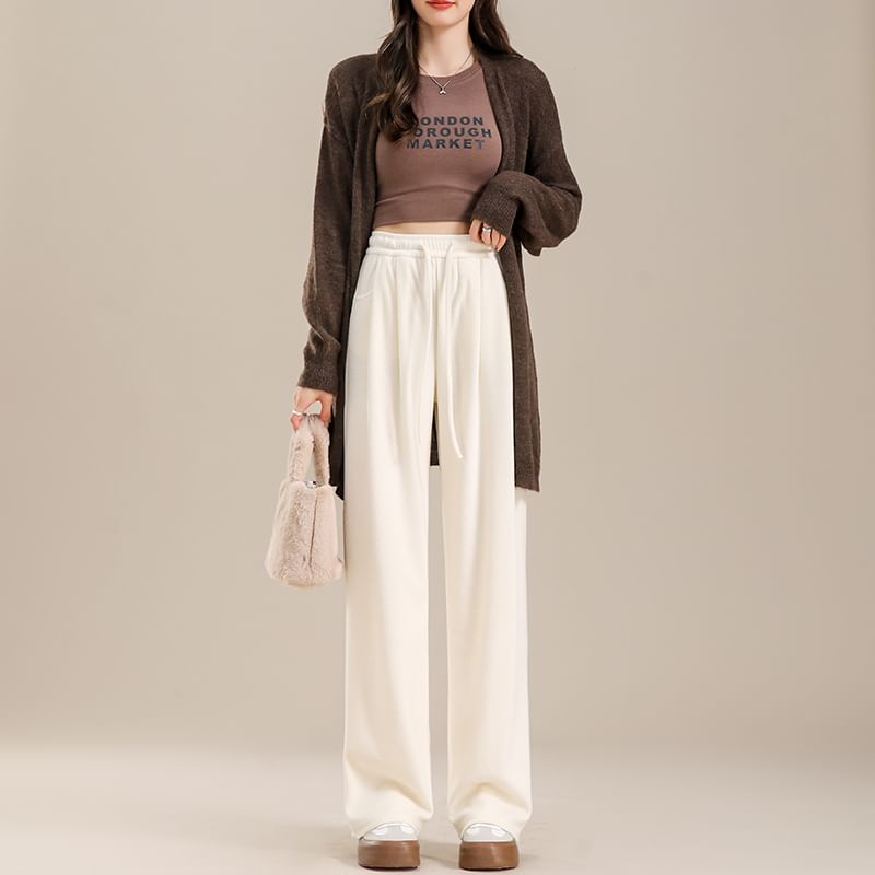 High Waist Plain Drawstring Drape Wide Leg Sweatpants