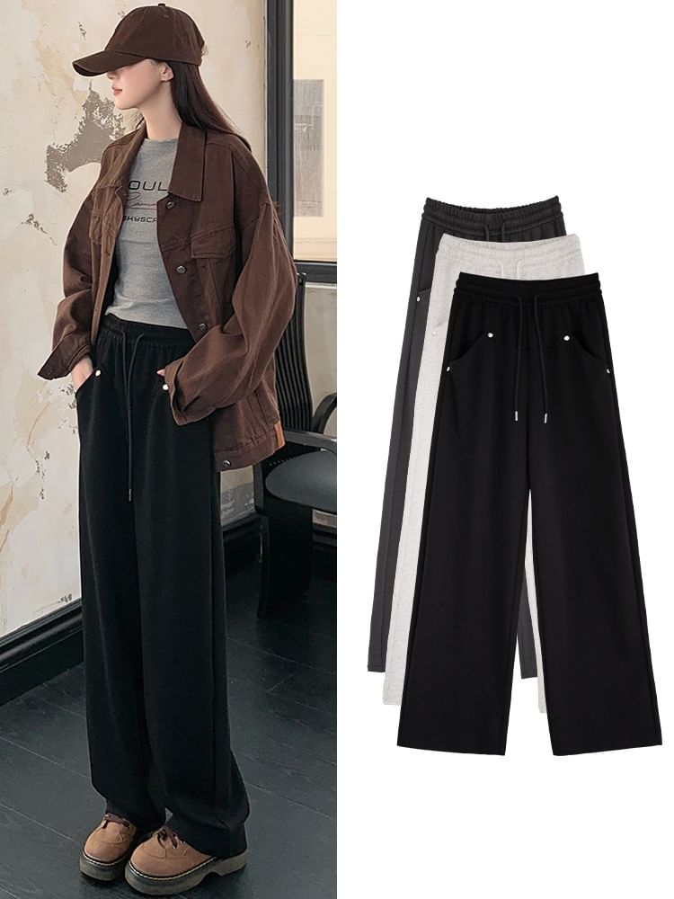 Stud Applique Plain High Rise Drawstring Wide Leg Sweatpants