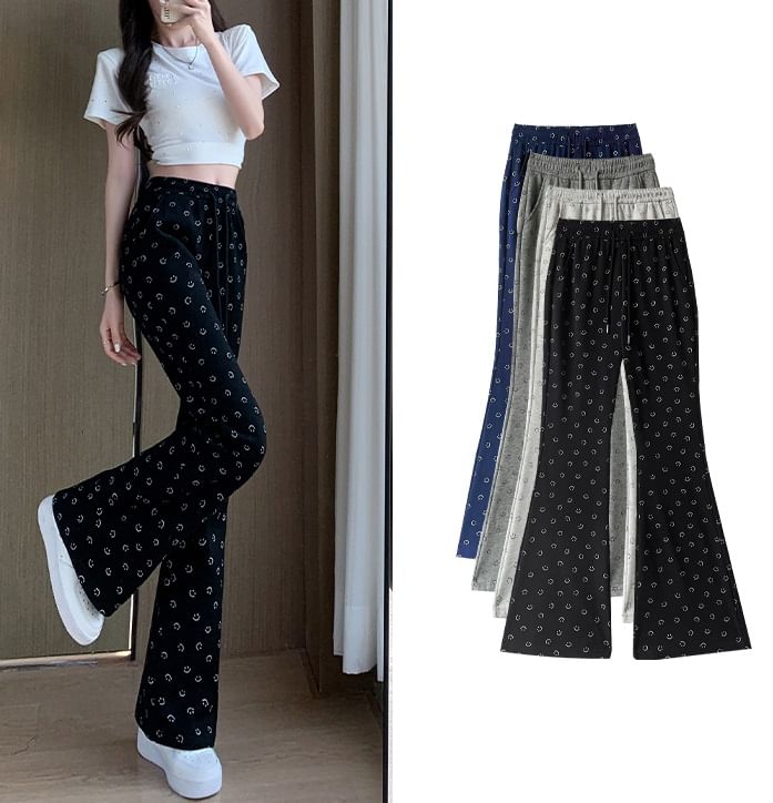 Smiley Print High Waist Drawstring Sheath Flare Sweatpants