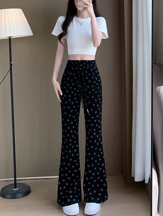 Smiley Print High Waist Drawstring Sheath Flare Sweatpants