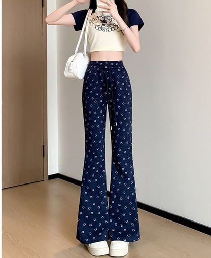 Smiley Print High Waist Drawstring Sheath Flare Sweatpants