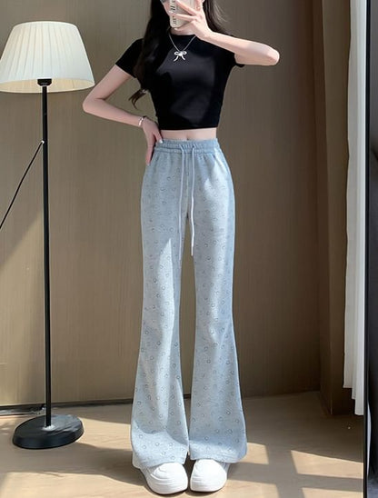 Smiley Print High Waist Drawstring Sheath Flare Sweatpants