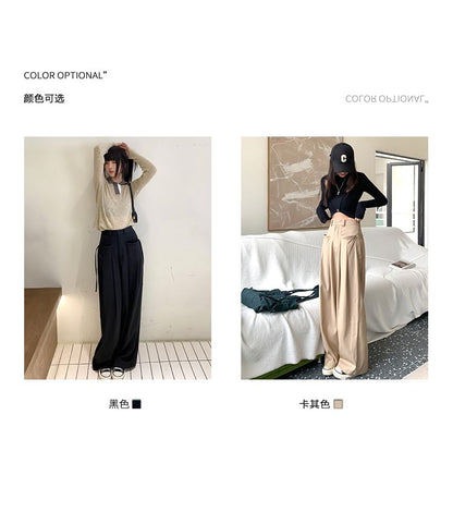 Plain Rise Pleated Leg Suit Wide High Pants