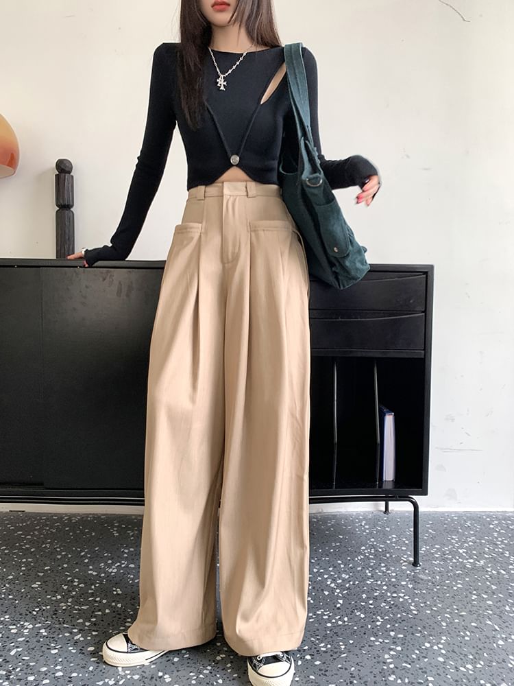 Plain Rise Pleated Leg Suit Wide High Pants