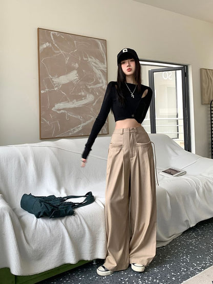 Plain Rise Pleated Leg Suit Wide High Pants