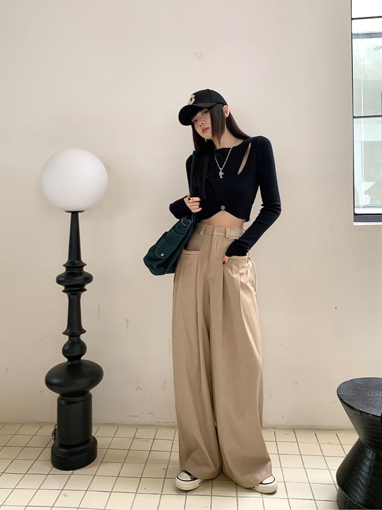 Plain Rise Pleated Leg Suit Wide High Pants
