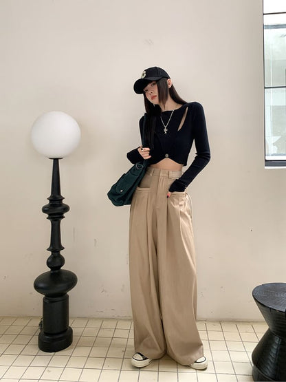 Plain Rise Pleated Leg Suit Wide High Pants