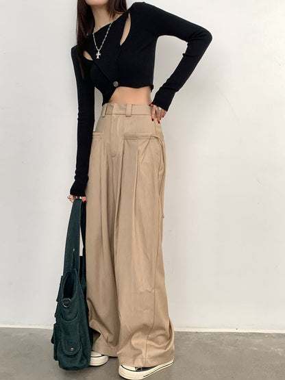 Plain Rise Pleated Leg Suit Wide High Pants