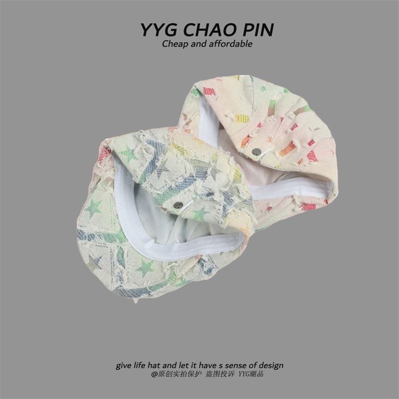 / Trim Gradient Distressed Fringed Star Print Cap Denim Newsboy