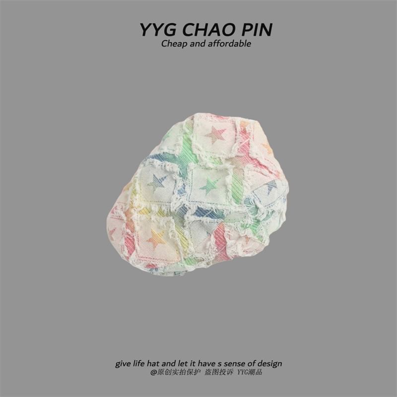 / Trim Gradient Distressed Fringed Star Print Cap Denim Newsboy