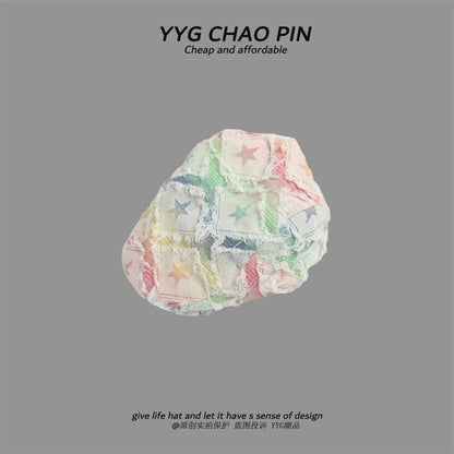 / Trim Gradient Distressed Fringed Star Print Cap Denim Newsboy