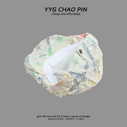 / Trim Gradient Distressed Fringed Star Print Cap Denim Newsboy