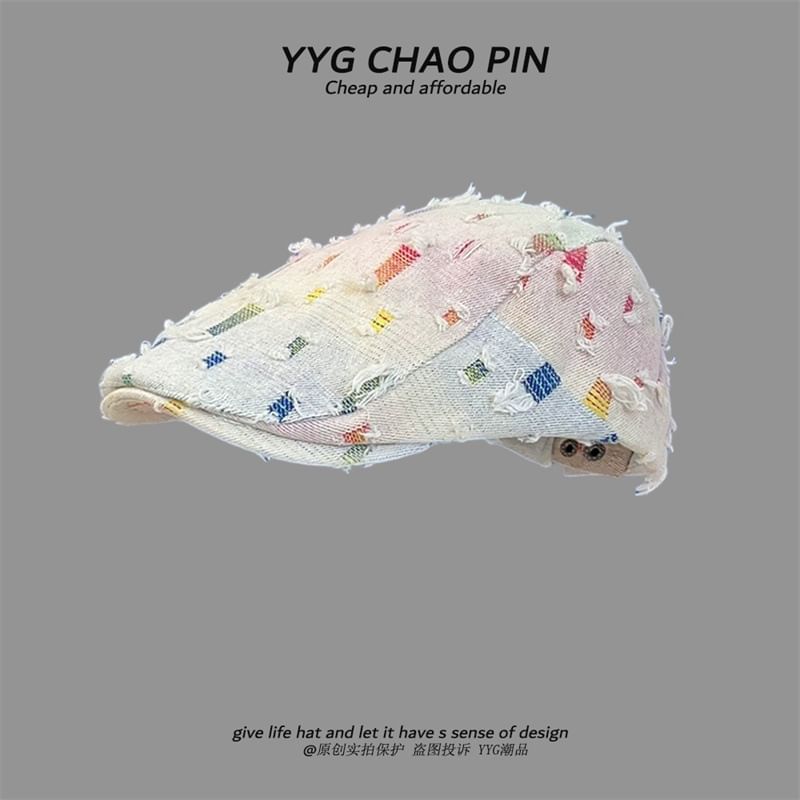 / Trim Gradient Distressed Fringed Star Print Cap Denim Newsboy