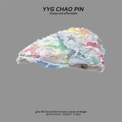 / Trim Gradient Distressed Fringed Star Print Cap Denim Newsboy