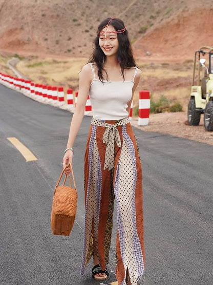 High Waist Patterned Print Slit Tie-Up Wide Leg Pants