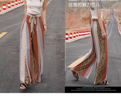 High Waist Patterned Print Slit Tie-Up Wide Leg Pants