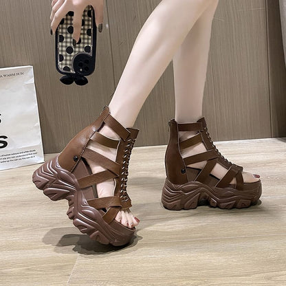 Sandals Heel Lace-Up Platform Chunky Strappy