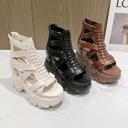 Sandals Heel Lace-Up Platform Chunky Strappy
