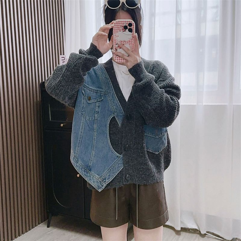 V-Neck Denim Panel Cardigan