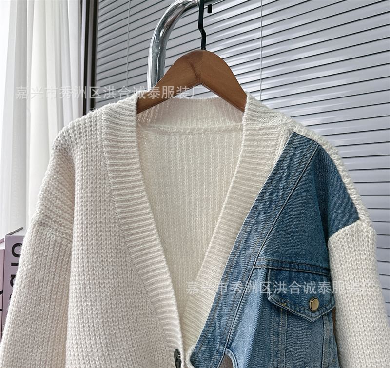 V-Neck Denim Panel Cardigan