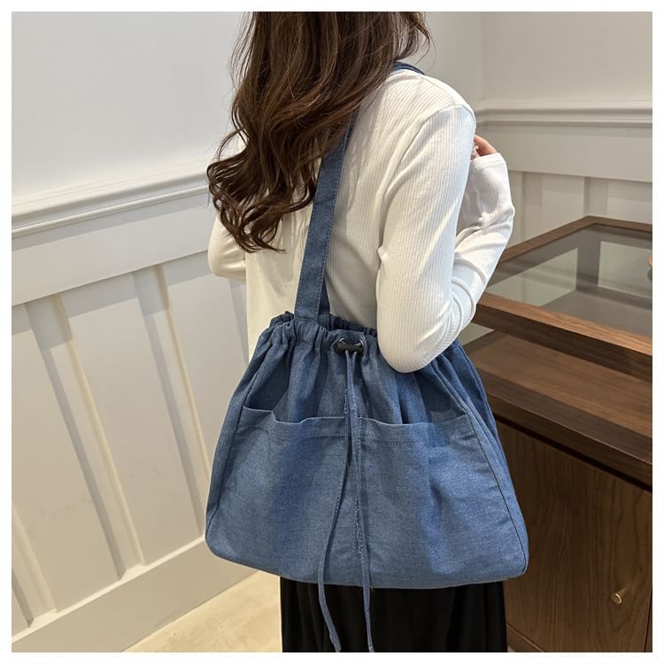 Drawstring Denim Tote Bag