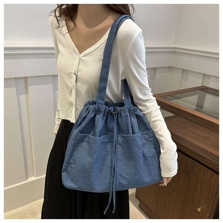 Drawstring Denim Tote Bag