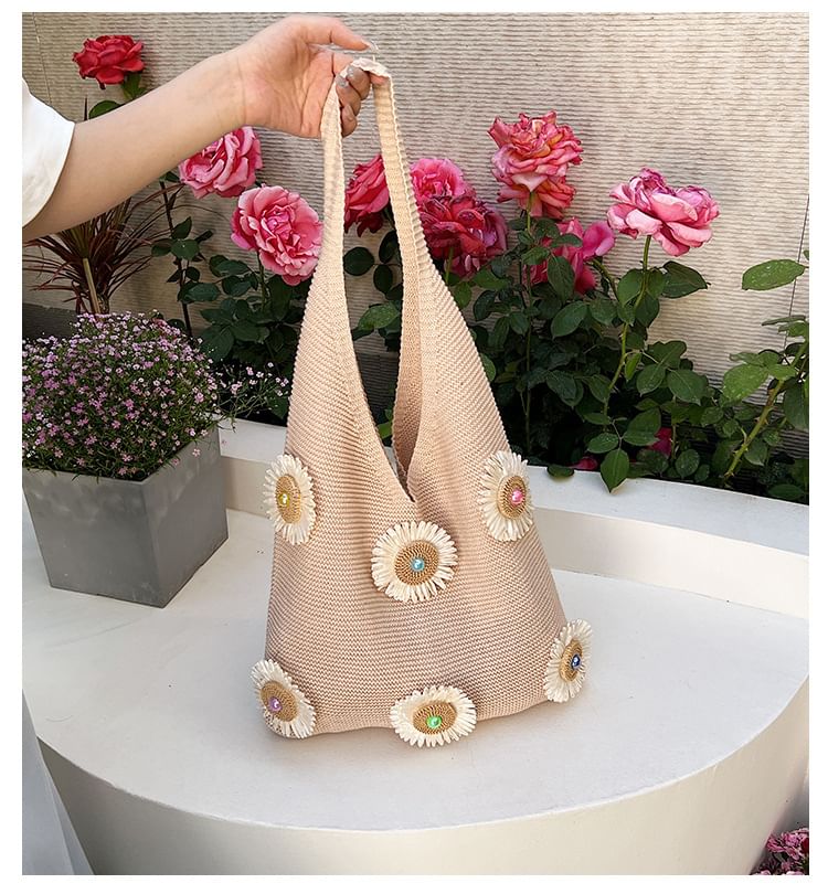 Flower Accent Knit Bag Shopper