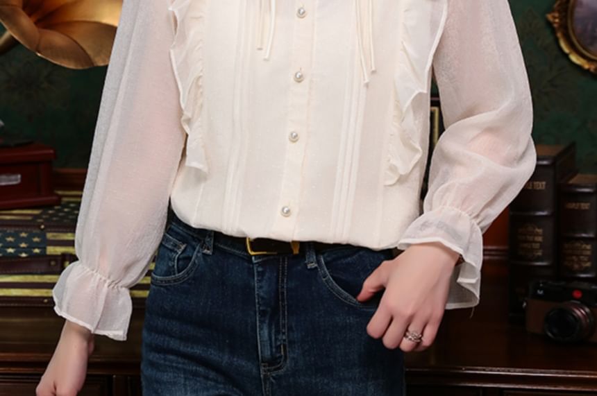 Puff-Sleeve Plain Ruffle Blouse