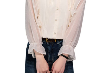 Puff-Sleeve Plain Ruffle Blouse