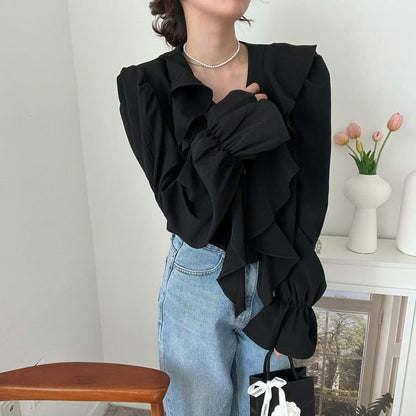 Long Sleeve V-Neck Plain Ruffle Blouse