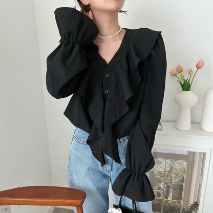 Long Sleeve V-Neck Plain Ruffle Blouse