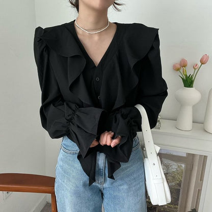 Long Sleeve V-Neck Plain Ruffle Blouse