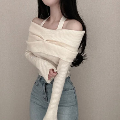 Long-Sleeve Off Shoulder Plain Ribbed Knitted Crop Top