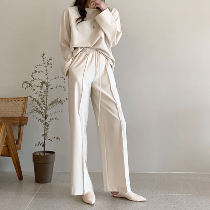 Long Sleeve Crew Neck Plain Pullover / Mid Rise Plain Wide Leg Sweatpants