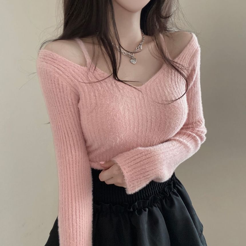 Cold Shoulder V-Neck Plain Ribbed Crop Sweater