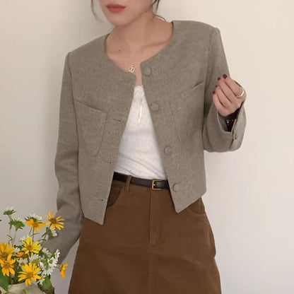 Crew Neck Plain Cropped Button Blazer