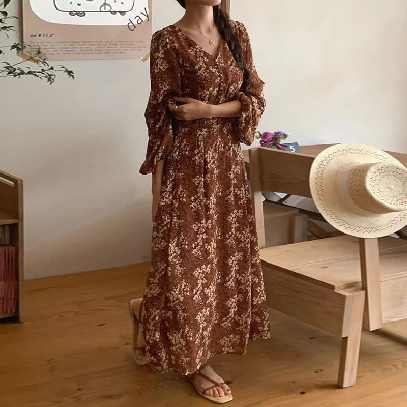 Long Sleeve Floral V-Neck Maxi A-Line Dress