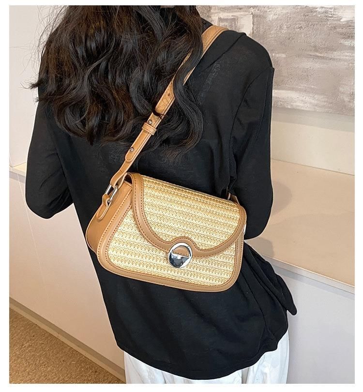 Flap Crossbody Bag Two Straw Tone
