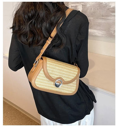 Flap Crossbody Bag Two Straw Tone