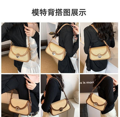 Flap Crossbody Bag Two Straw Tone