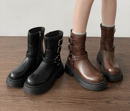 Short Buckled Plain Boots Platform