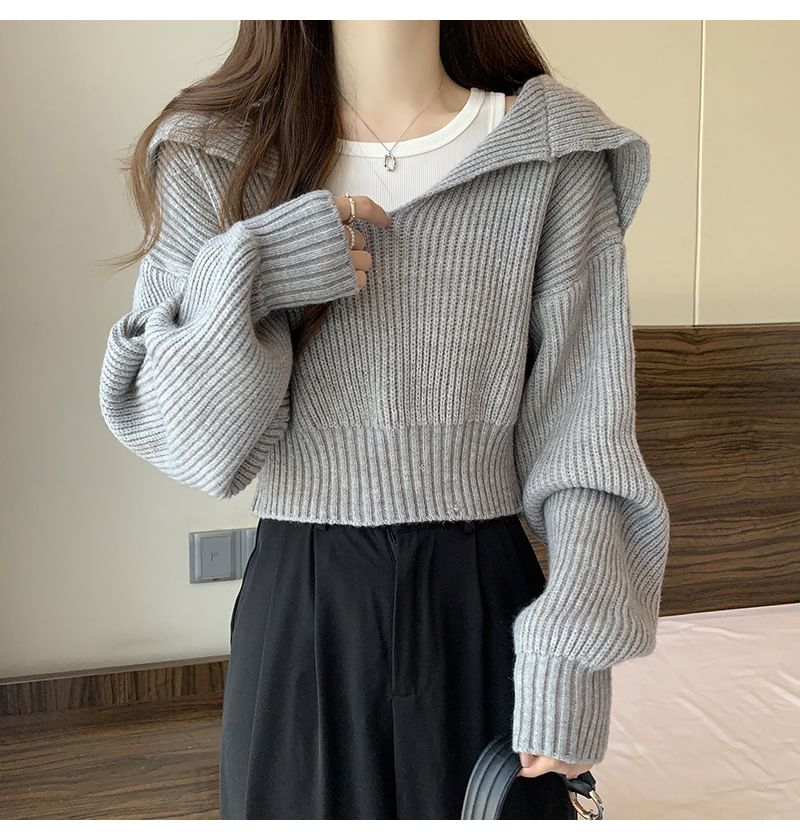 Cropped Sailor-Collar Loose Knit Sweater