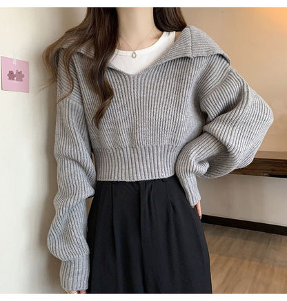 Cropped Sailor-Collar Loose Knit Sweater